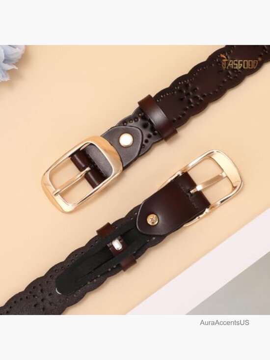 Women\'s Leather Belt with Hollow Floral Pattern and Gold Buckle, Adjustable main image 4